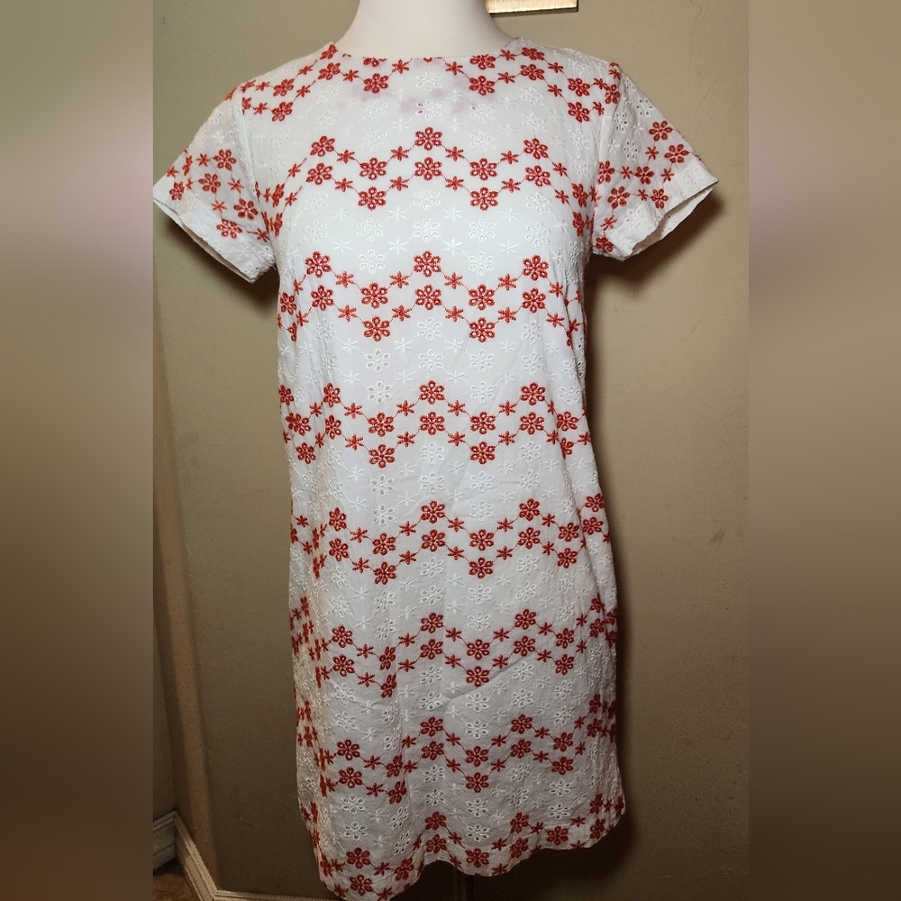 Miami White and Red Eyelet-Embroidered Cotton Sheath Dress Size‎ XS